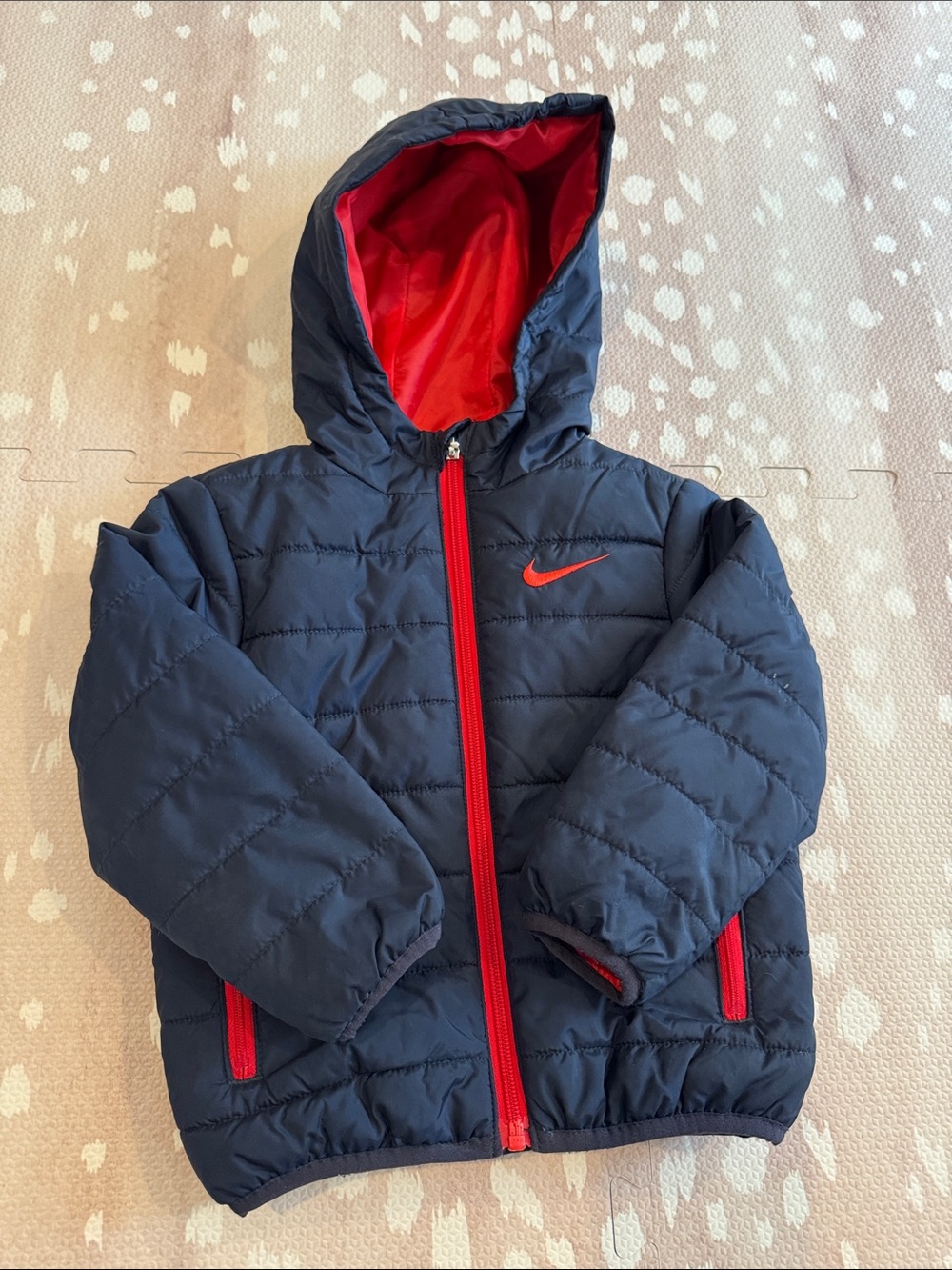Nike Toddler Boys Puffer Jacket 2T Navy Red Hooded Zip Coat Winter - Picture 6 of 9